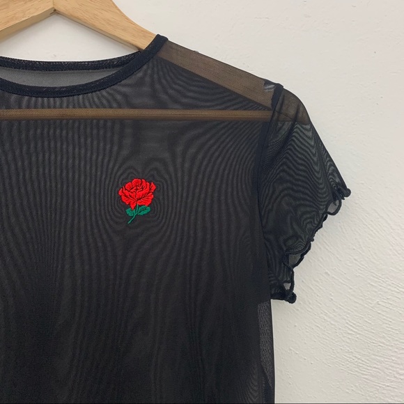 SOLD 90s Black Sheer Rose Crop Top - Picture 2 of 6